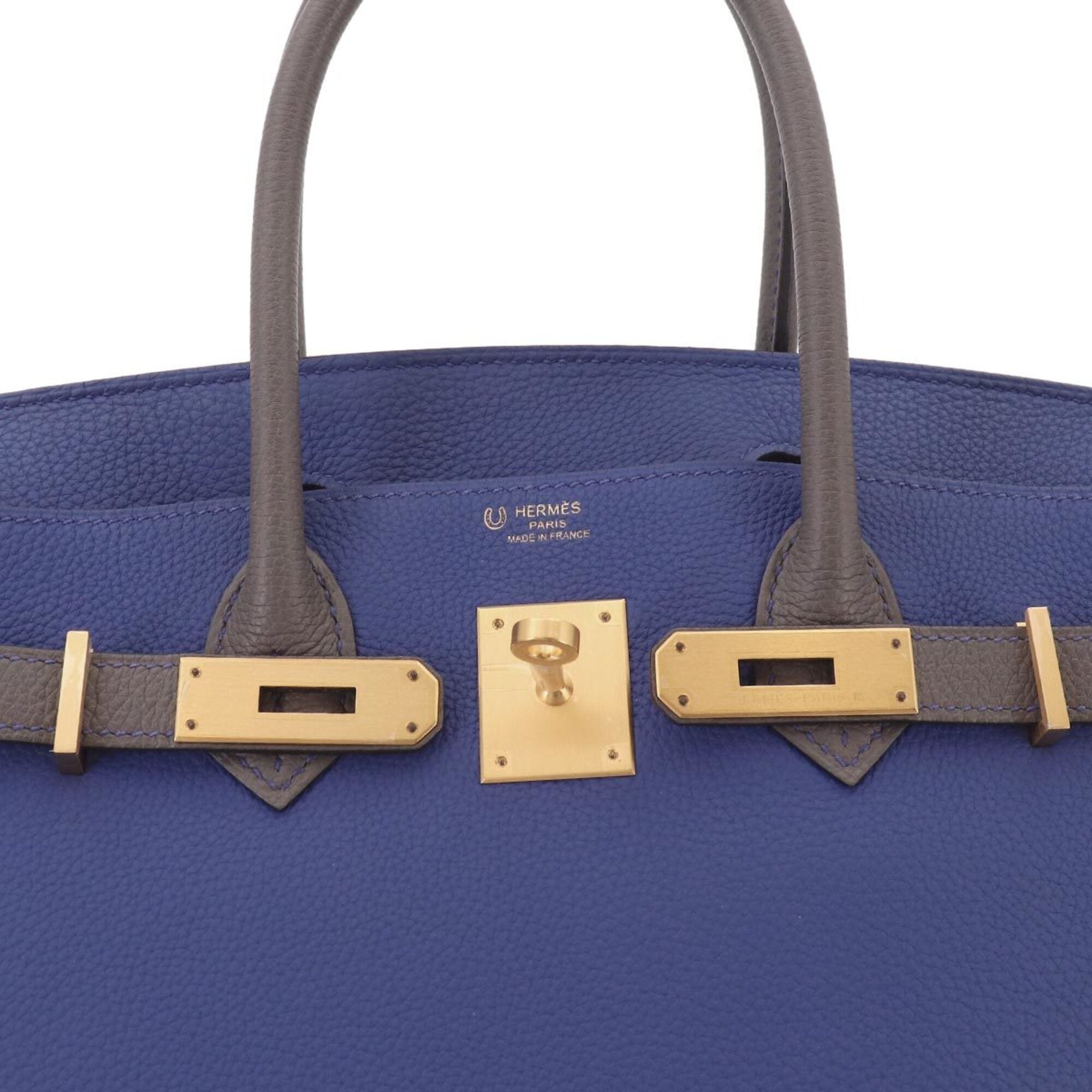 Hermes Birkin 30, Togo leather, Personal SPO, Blue Electric/Etoupe, Handbag, Matte Gold Hardware, D Stamp — Like New