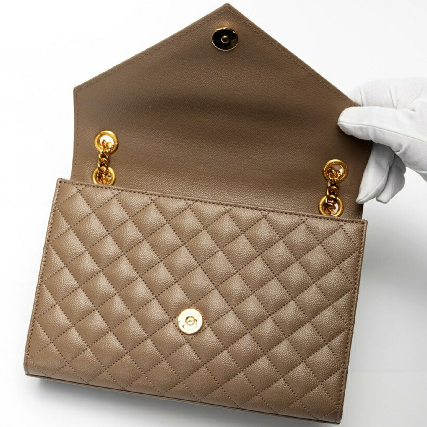 Saint Laurent SAINT LAURENT Envelope Medium Chain Shoulder Bag 600185 Grain de Poudre Quilted Leather Greige S-158096