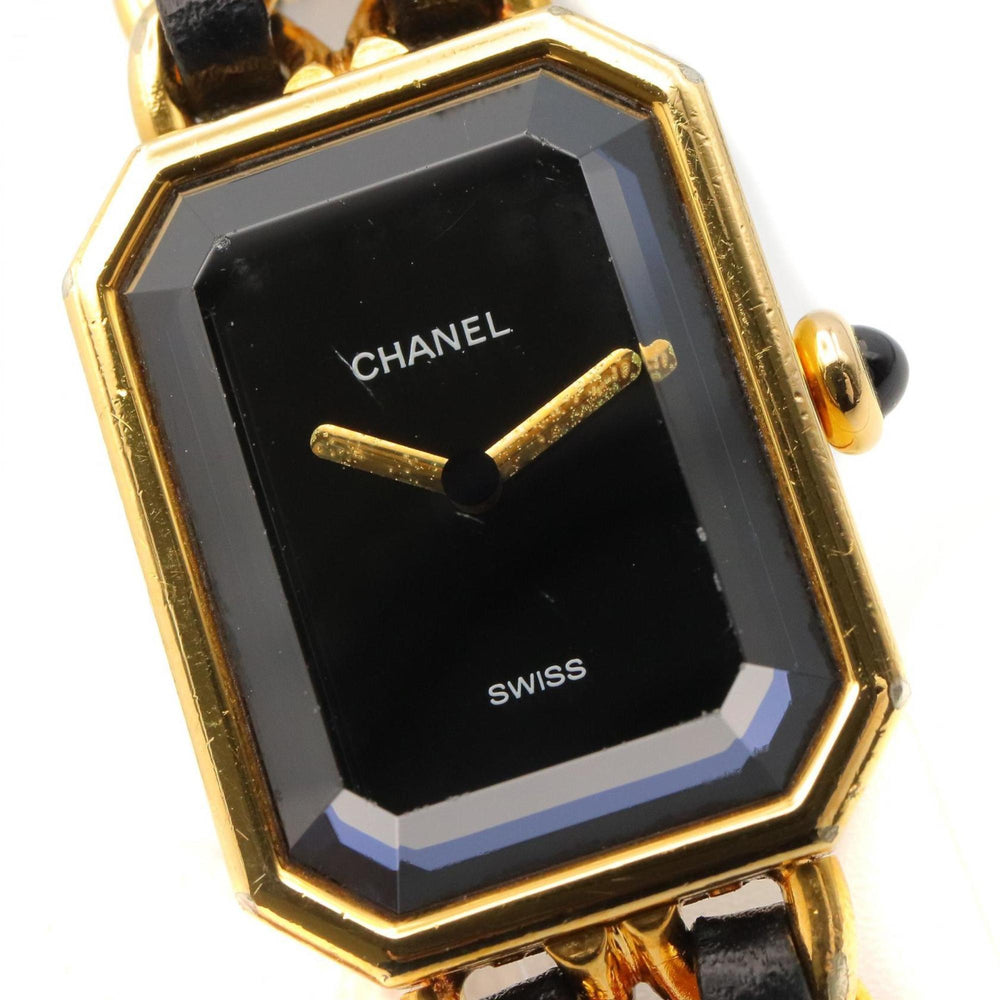 CHANEL Premiere M Watch, Gold-Plated, with Leather Strap, Black, Women's, H0001 — Very Good
