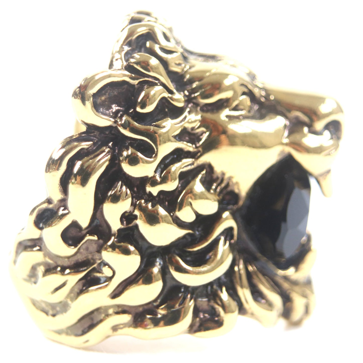 GUCCI Lion Head Ring with Color Stones, Gold and Black, Size 16, Comes Box Dust Bag, Made in Italy, Men's