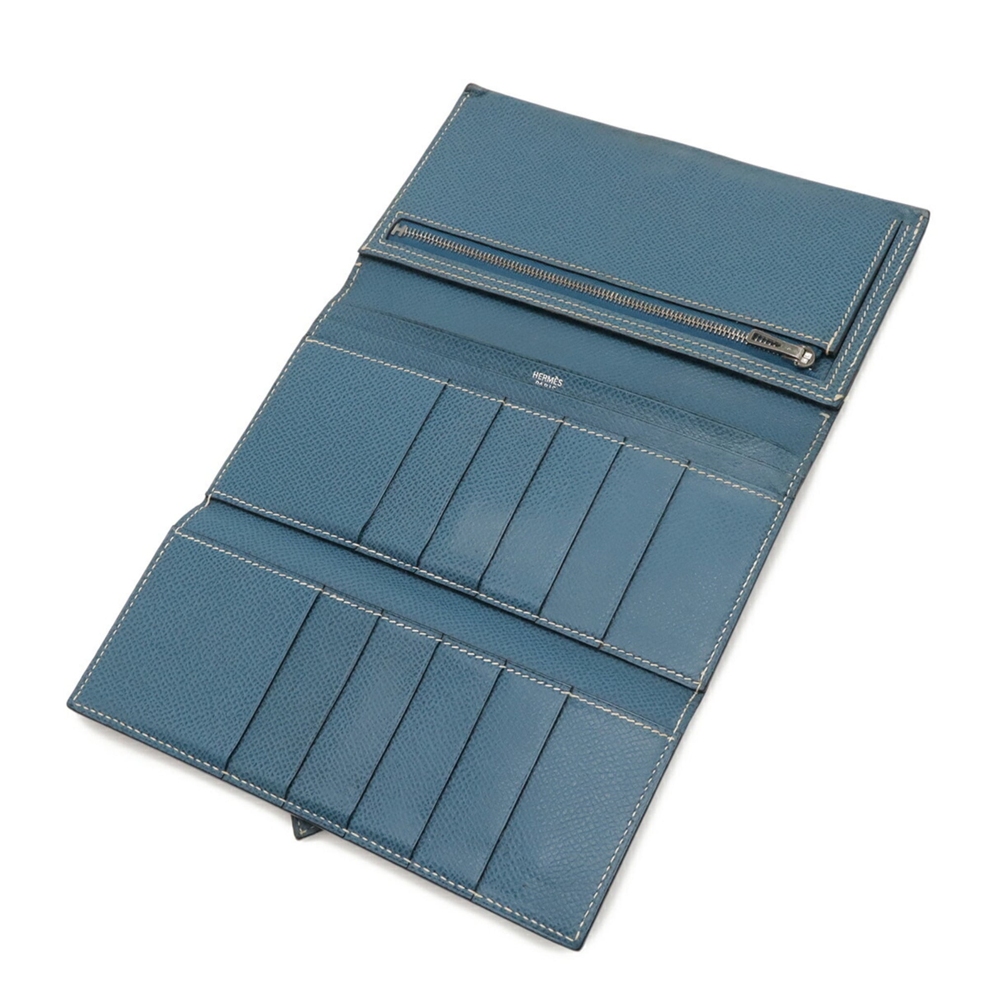 HERMES Bearn 2PLIS Dupre Tri-fold Long Wallet, Epsom Leather, Colvert Blue, G Stamp