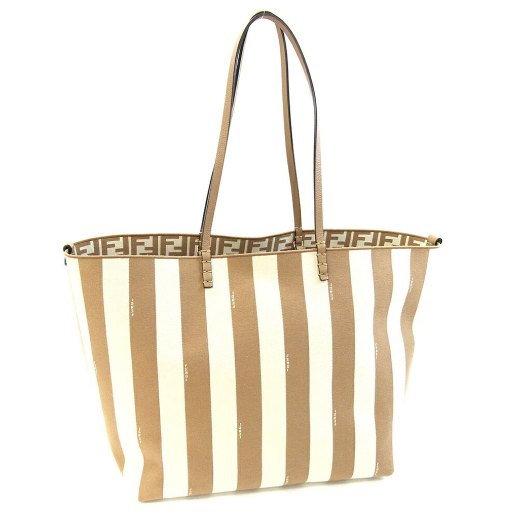 Fendi Roll Large Tote Bag 8BH425 Beige Fabric Leather Reversible Shoulder FF Zucca Pecan Stripe Women's FENDI