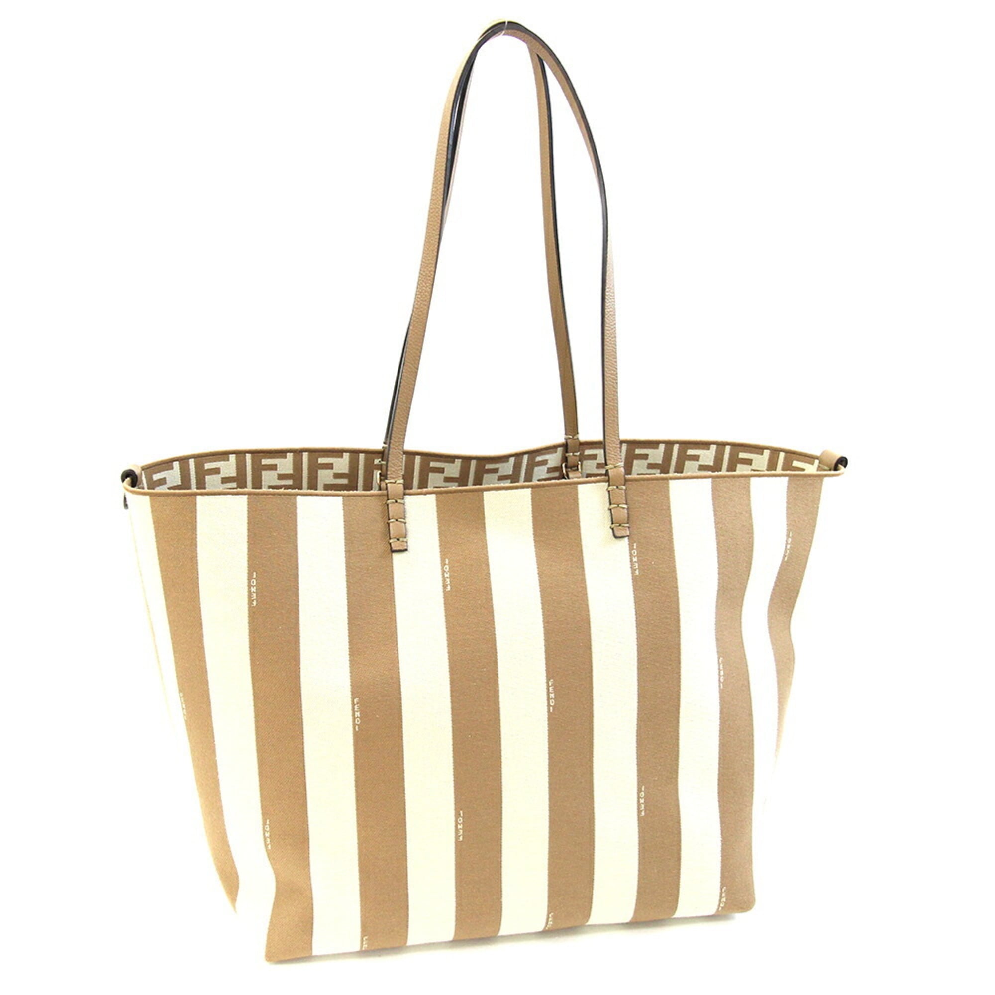 Fendi Roll Large Tote Bag 8BH425 Beige Fabric Leather Reversible Shoulder FF Zucca Pecan Stripe Women's FENDI