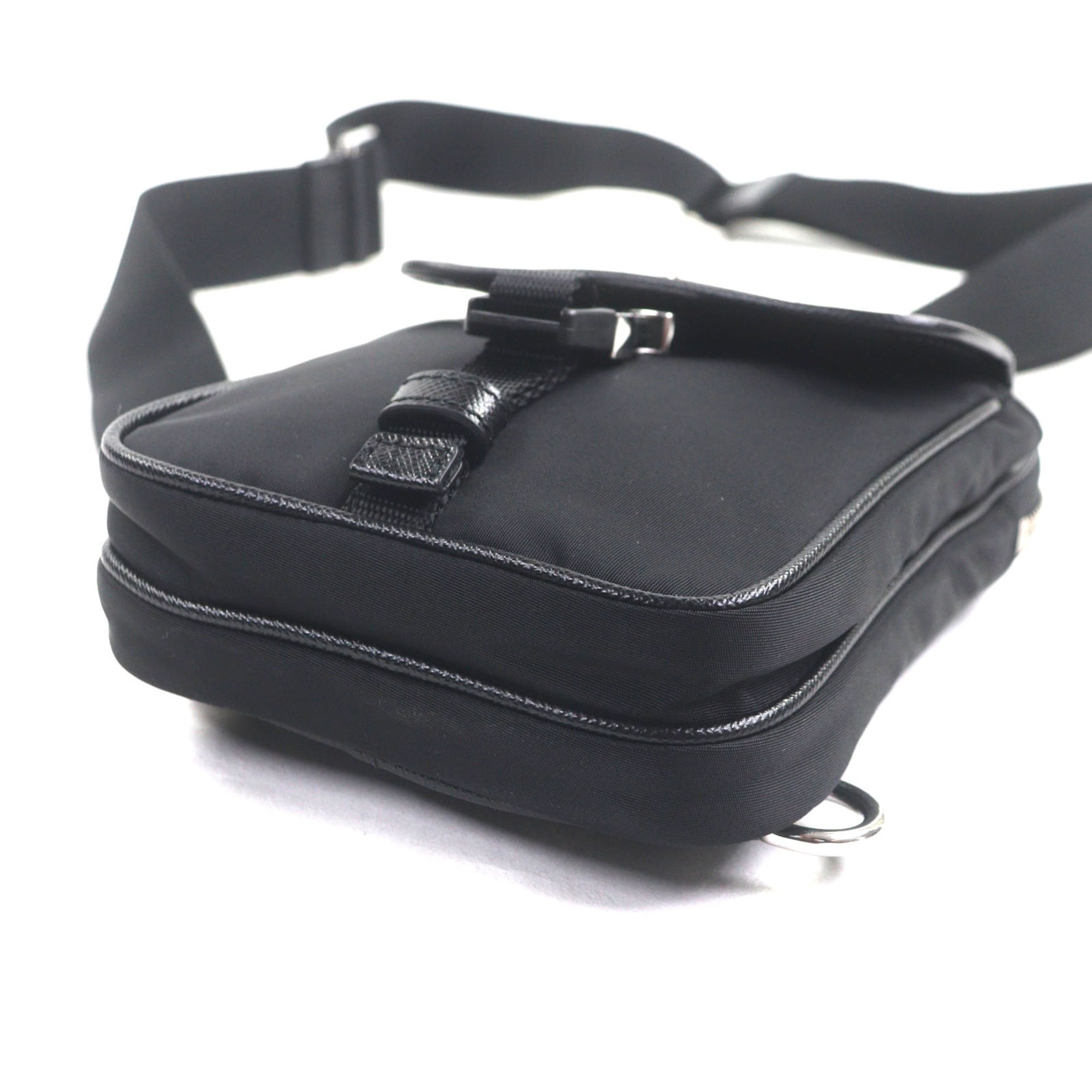 PRADA 2ZH194 Saffiano Leather Nylon Re-Nylon Triangle Logo Plate Smartphone Case Body Bag Black Silver Hardware Made in Italy Men's — Like New