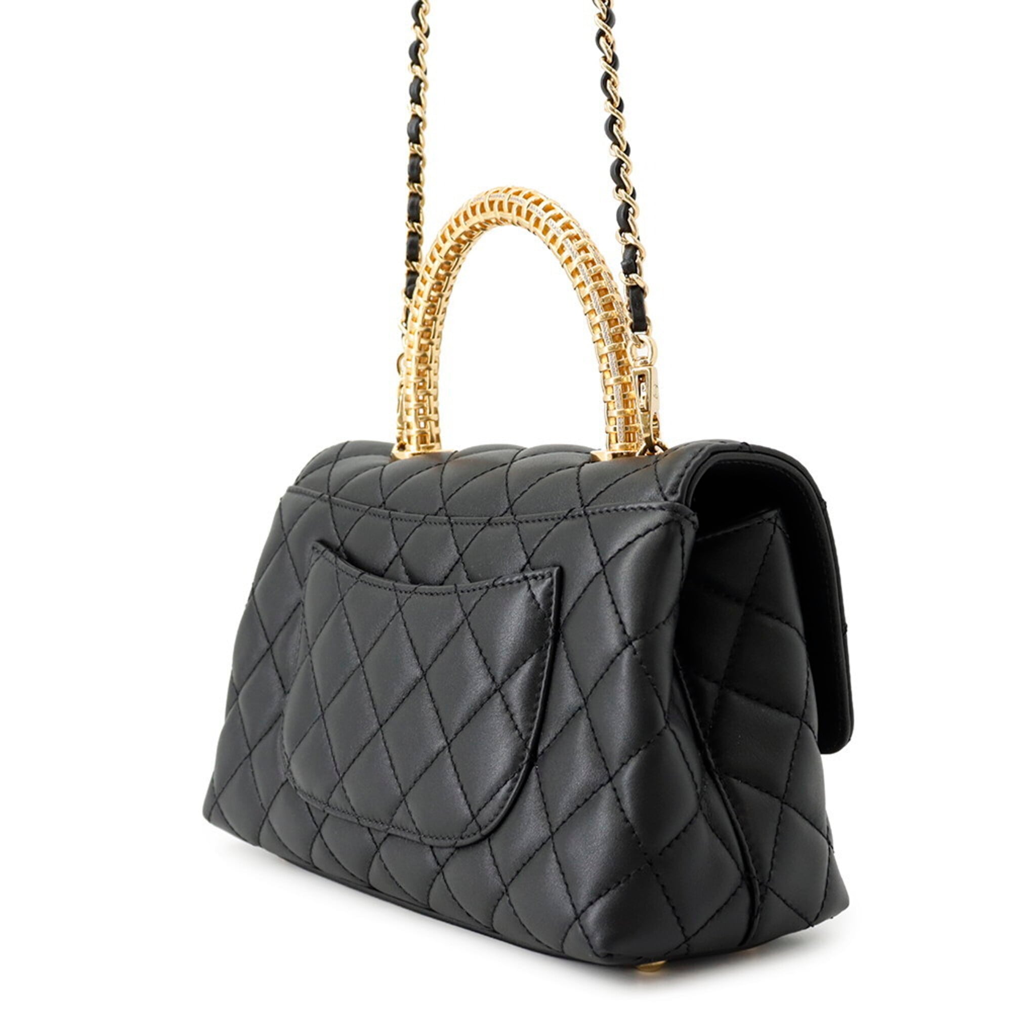 Chanel Matelassé handbag, Coco Mark, Handle, Lambskin, A92990, CHANEL 2-way shoulder bag, Black, handbag for women — Like New