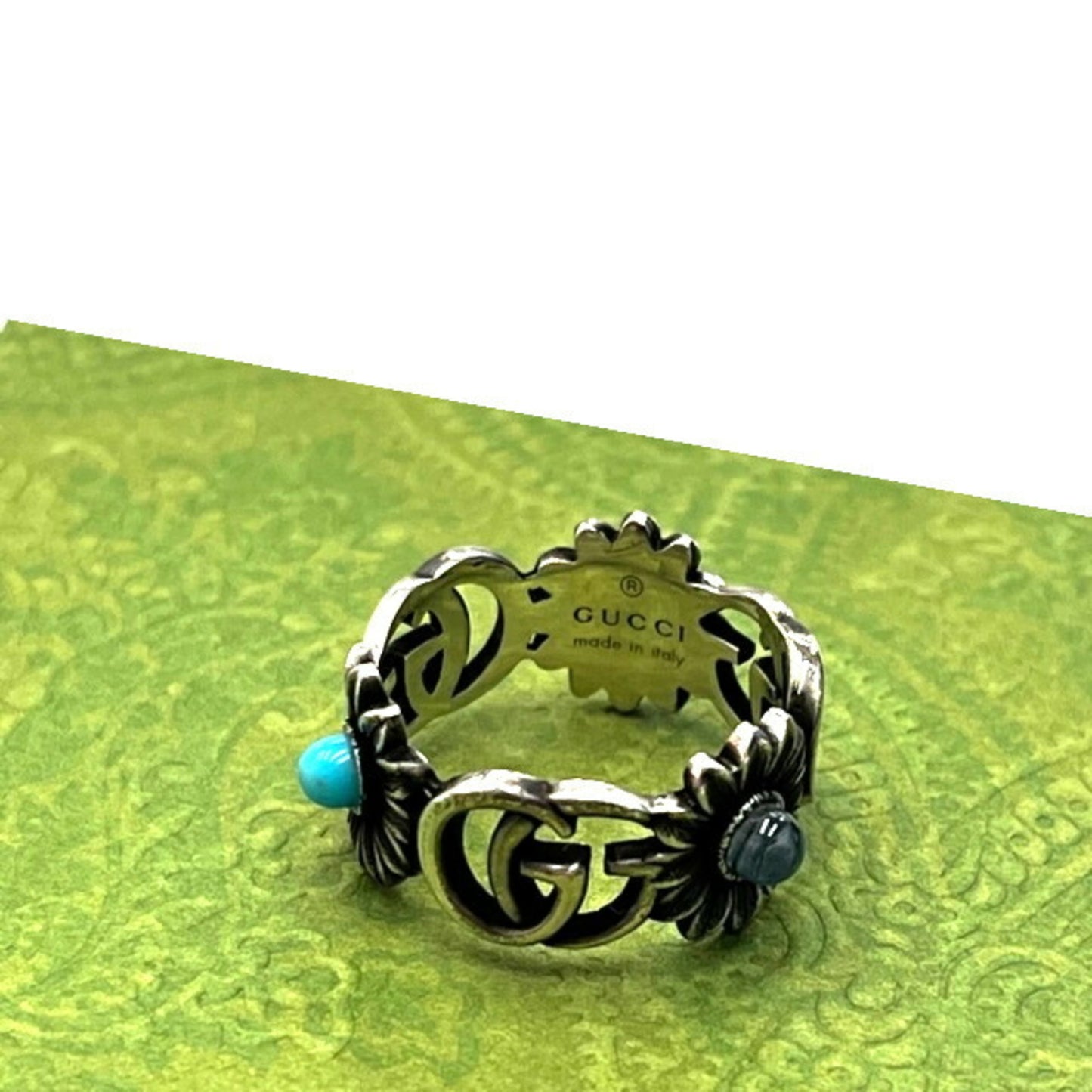 GUCCI Double G Mother of Pearl Ring Gucci Flower Interlocking Blue Sterling Silver GG Turquoise
