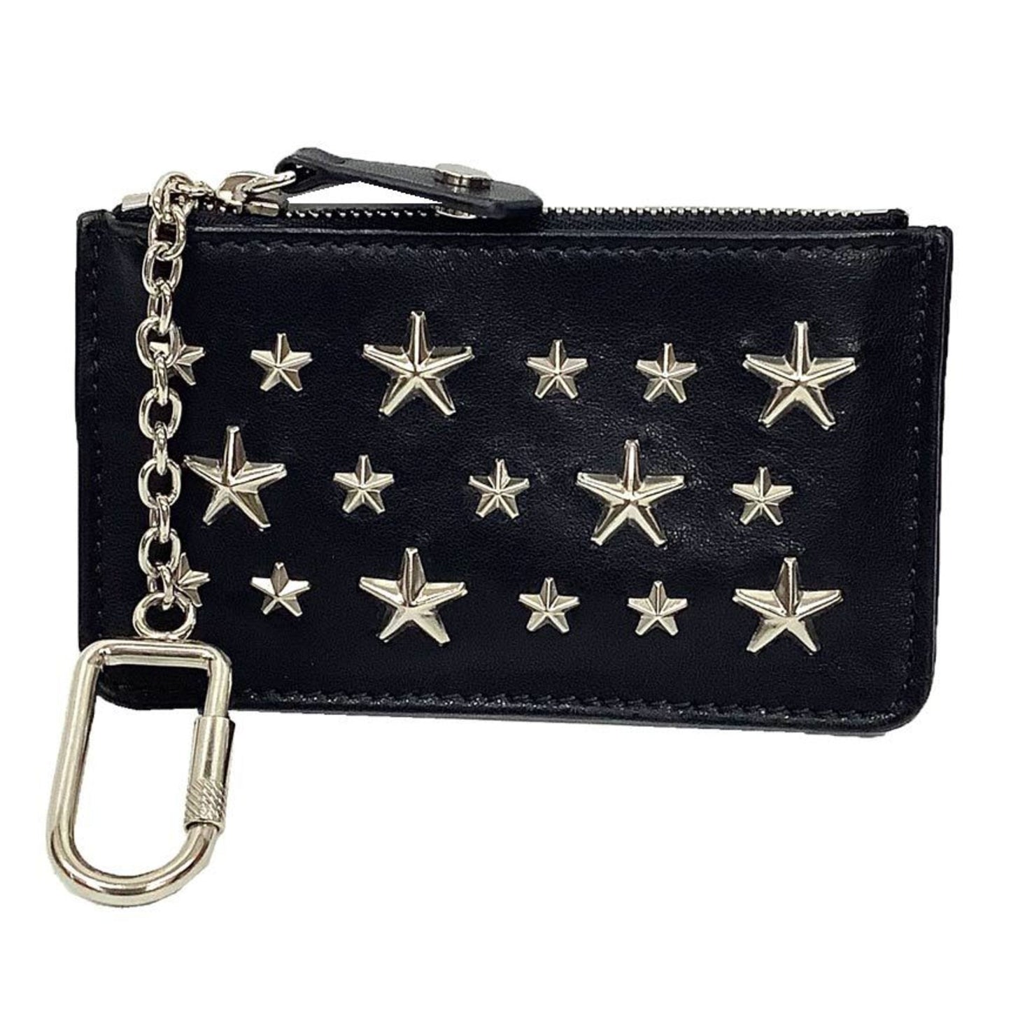 JIMMY CHOO NANCY silver star stud leather key case in black. Coin and wallet for men women. Unisex.