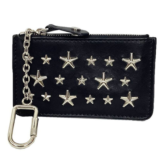 JIMMY CHOO NANCY silver star stud leather key case in black. Coin and wallet for men women. Unisex.