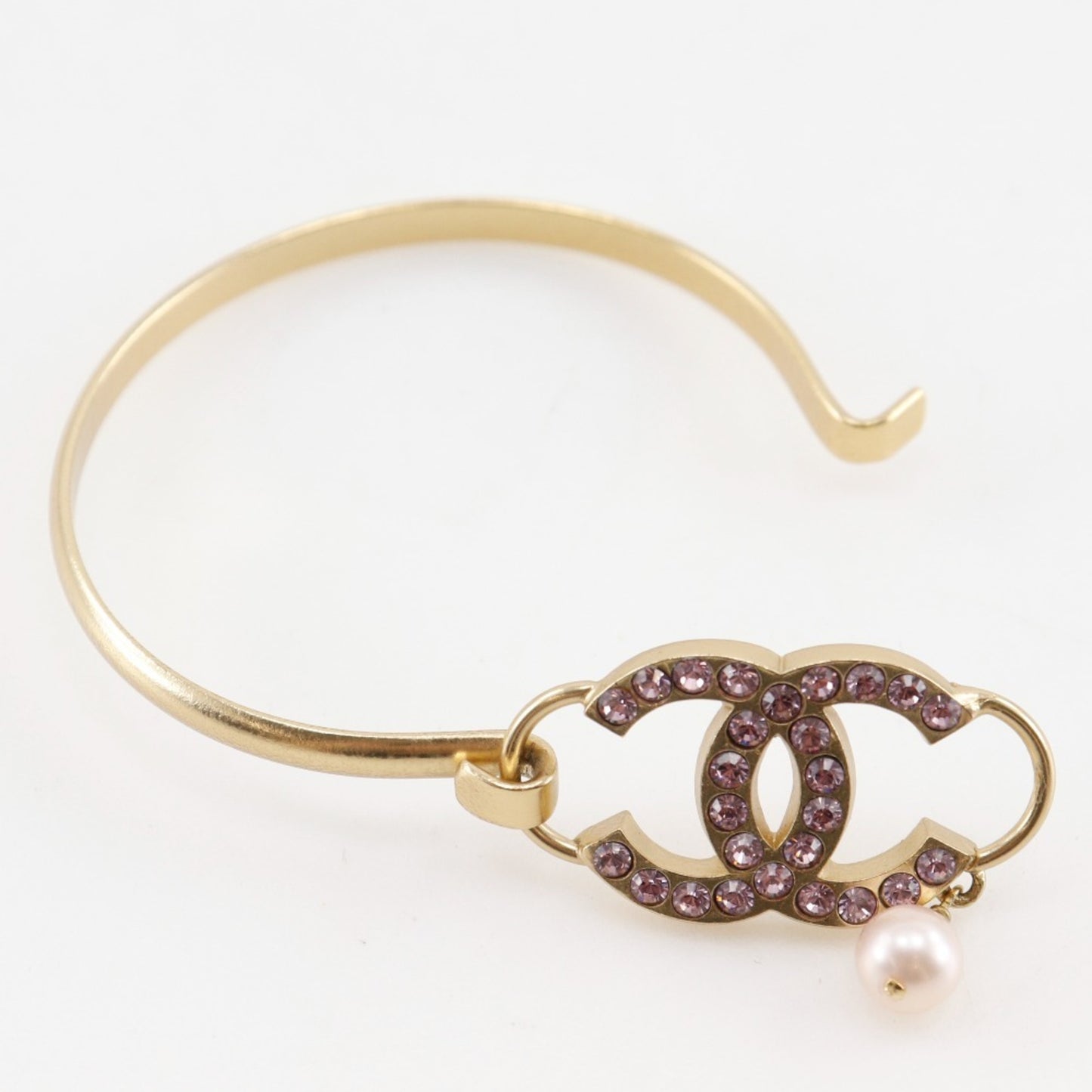CHANEL Coco Mark Bangle, Gold Plated, Rhinestones, and Faux Pearls, 2002, Pink, 02P, Approx. 15.3g, COCO Mark, Women's
