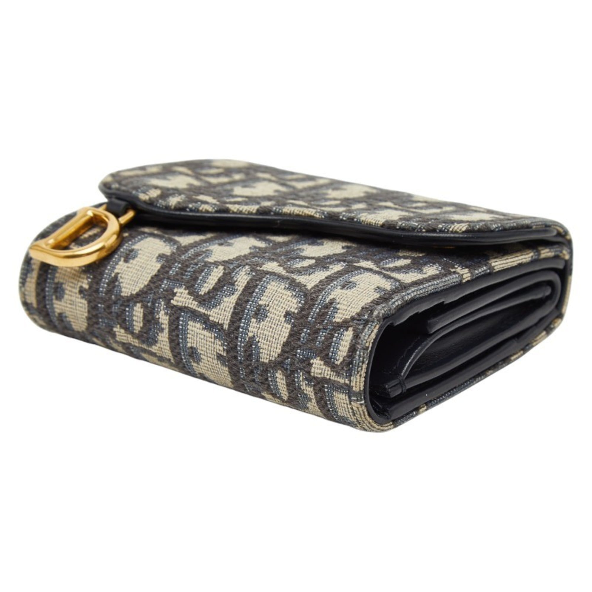 Christian Dior Dior Trotter Oblique Tri-fold Compact Wallet in Beige and Navy Canvas Leather. Women's.