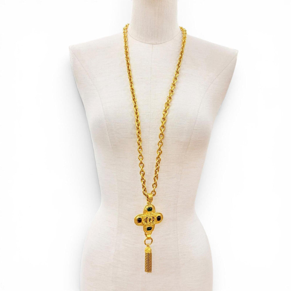 CHANEL Vintage 94A Coco Mark Gripoix Cross Fringe Long Necklace, Rare Gold, Made in France, Women's — Like New