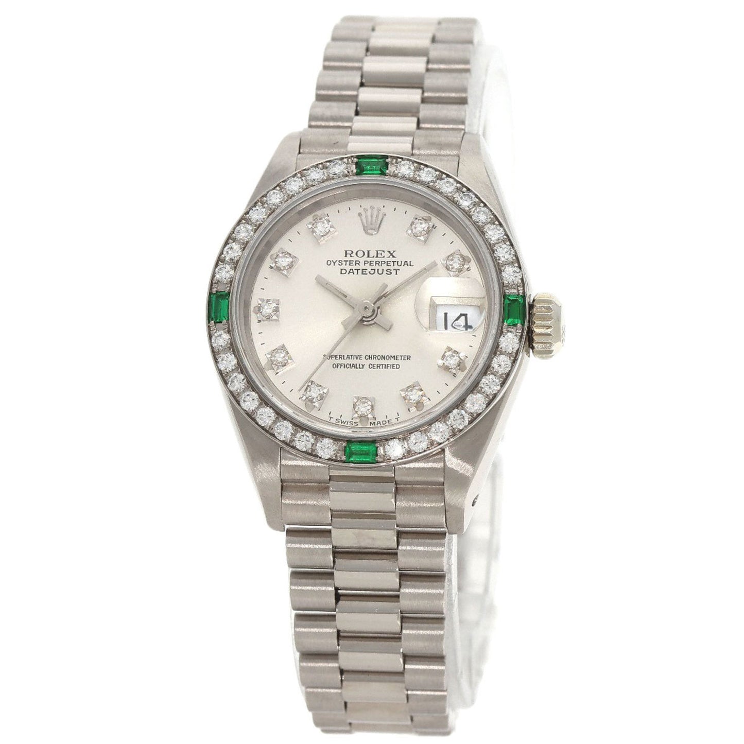 Rolex 69079G Datejust Diamond and Emerald Watch in 18K White Gold/18KWG with Diamonds, Women's