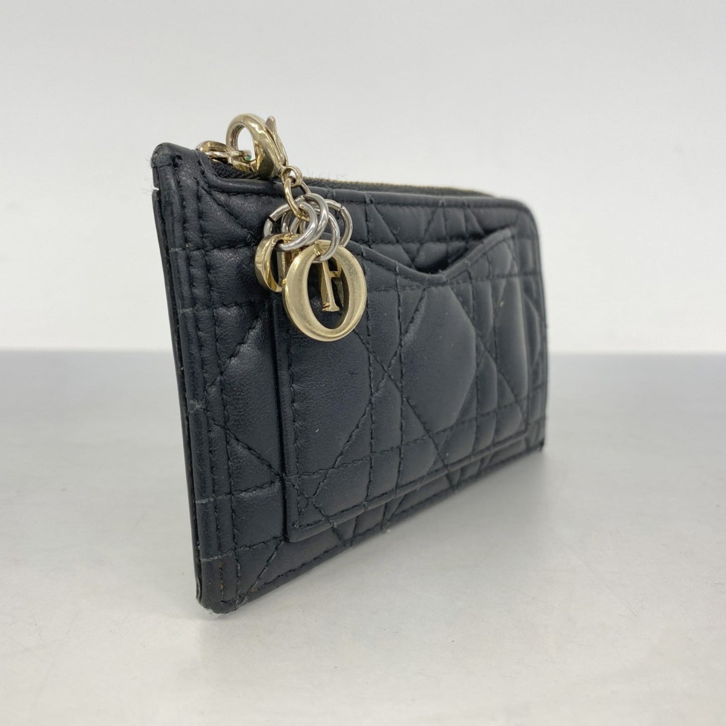 Christian Dior Cannage Leather Wallet/Coin Case in Black Champagne for Women