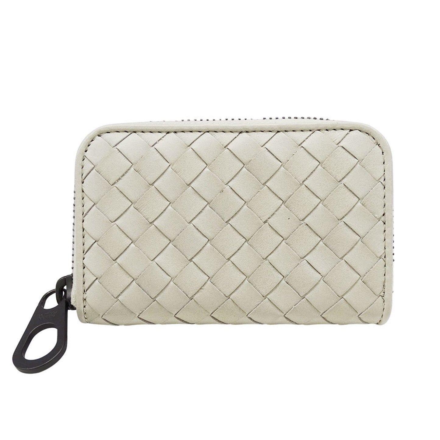 Bottega Veneta wallets for men and women, branded intrecciato leather coin cases, white with a round zipper woven purse.