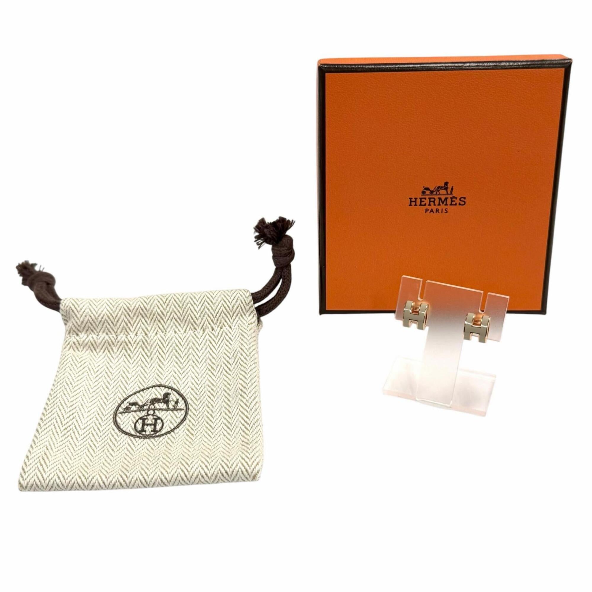 HERMES Mini Pop H Marron Glacé Rose Gold Earrings, Made in France, Women's, with Box and Dust Bag — Like New