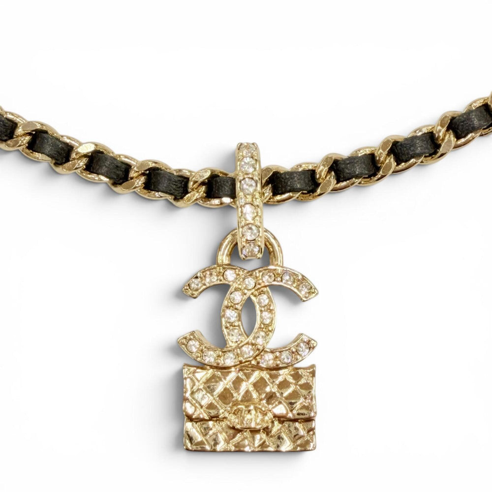 CHANEL A23B ABB548 Rhinestone Coco Mark Matelassé Bag Motif Chain Necklace, Gold & Black, Made in France, Women's — Like New