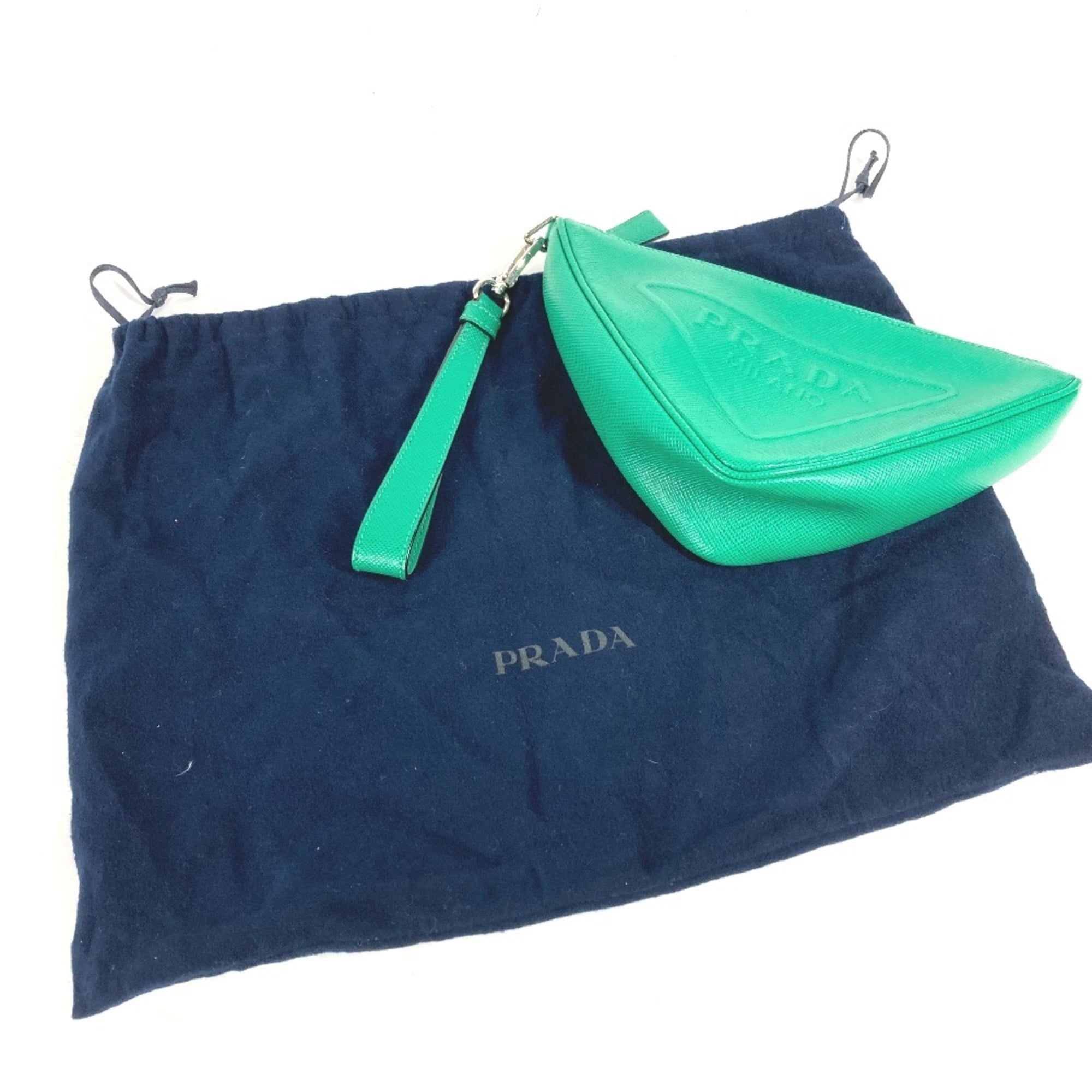 PRADA 2NE054 Embossed Triangle Plate Pouch Clutch Bag with Strap Saffiano Leather Men's Green — Like New