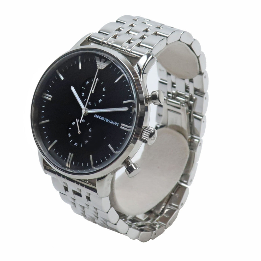 Emporio Armani AR0389 Stainless Steel Silver Quartz Chronograph Men's Watch with Black Dial — Like New