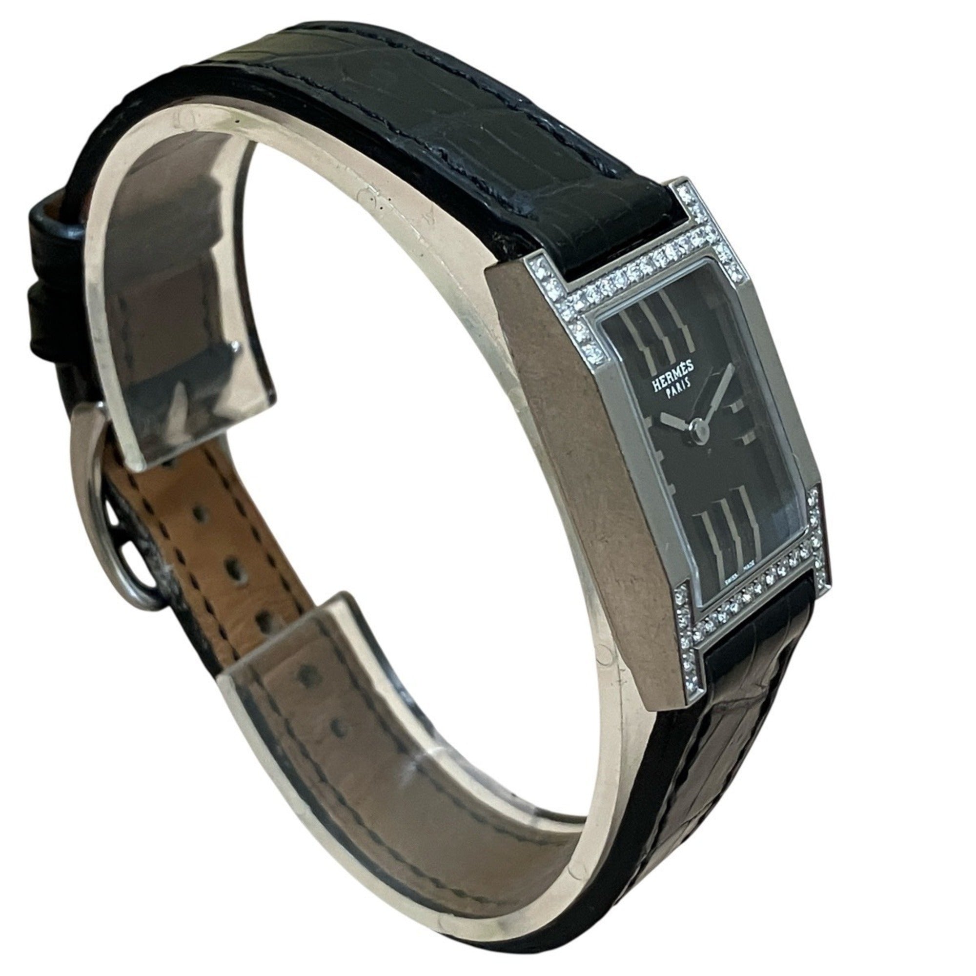 Hermes HERMES Dandem Diamond-Set Bezel Watch, Total Weight 20.8g, Stainless Steel, Genuine Leather Strap, Quartz Movement, Black Dial, TA1.230 — Good