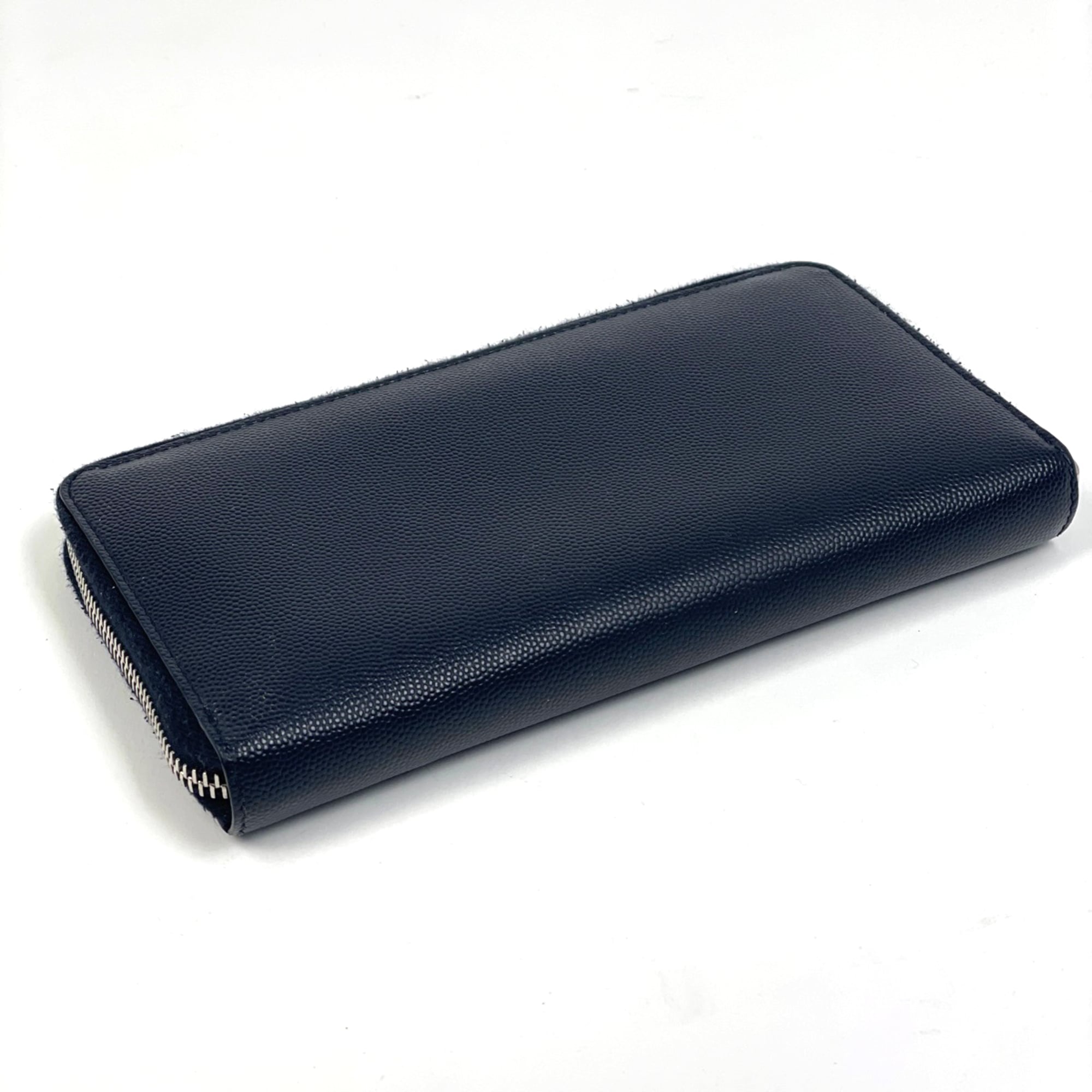 Saint Laurent logo round zipper long wallet with bill compartment and coin purse, leather, navy, 344076, women's