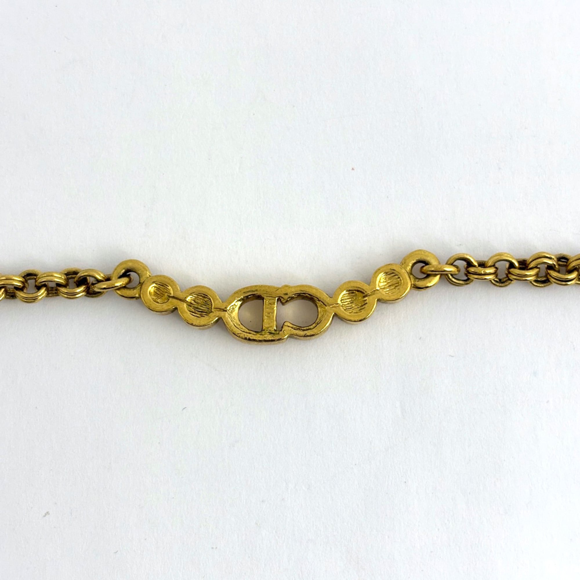 Christian Dior logo chain necklace with CD and rhinestones, GP gold, for women.