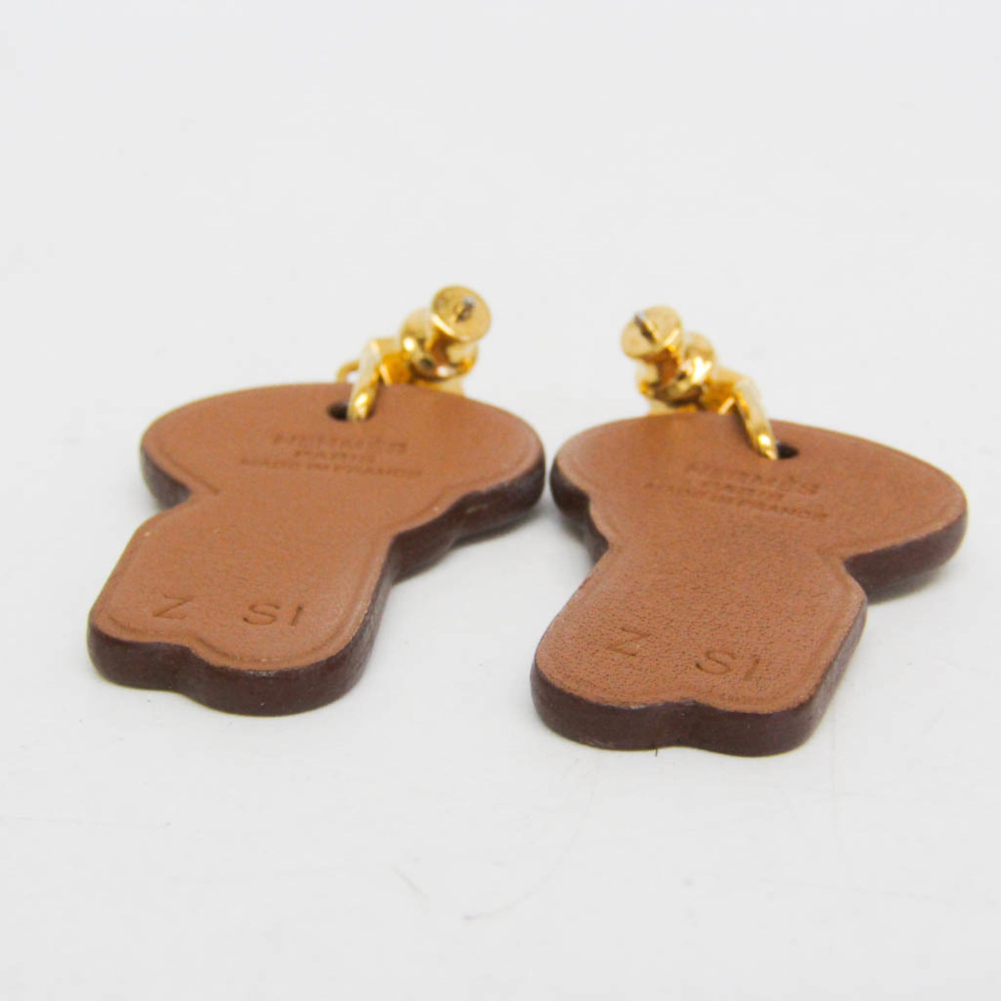 Hermes H Curiosité Cre Leather,Metal Drop Earrings Brown — Like New