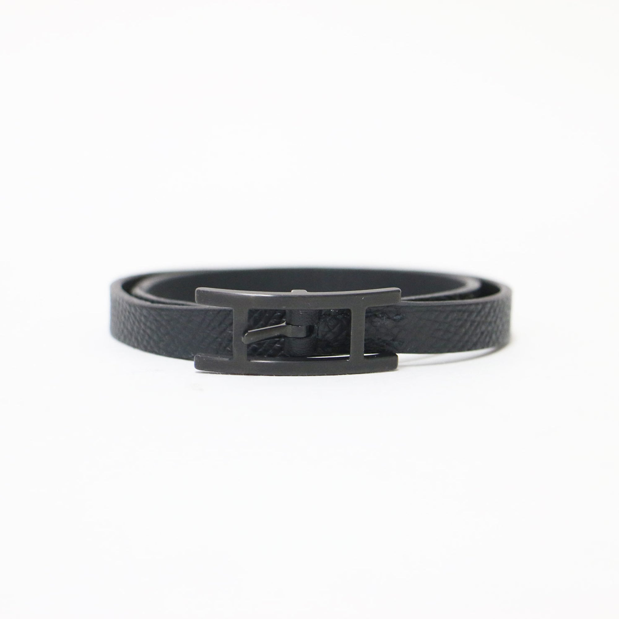 HERMES BehAPI Double Tour Bracelet, Black, Size: Free, Women's, Leather, Engraved Buckle, K4687