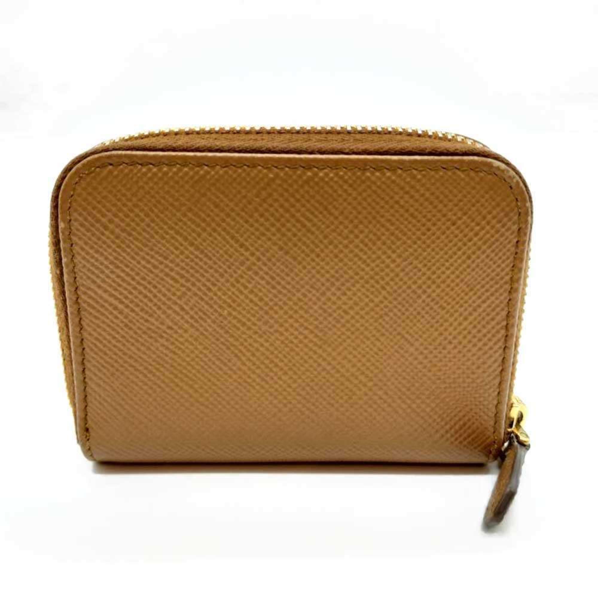 Prada coin case, round, camel and brown Saffiano leather, 1MM268 PRADA