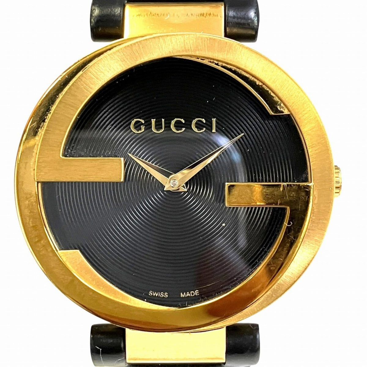 Gucci Interlocking Watch, Total Weight 41.2g, Stainless Steel, Genuine Leather Strap, Quartz Movement, Black Dial, 133.3 — Good