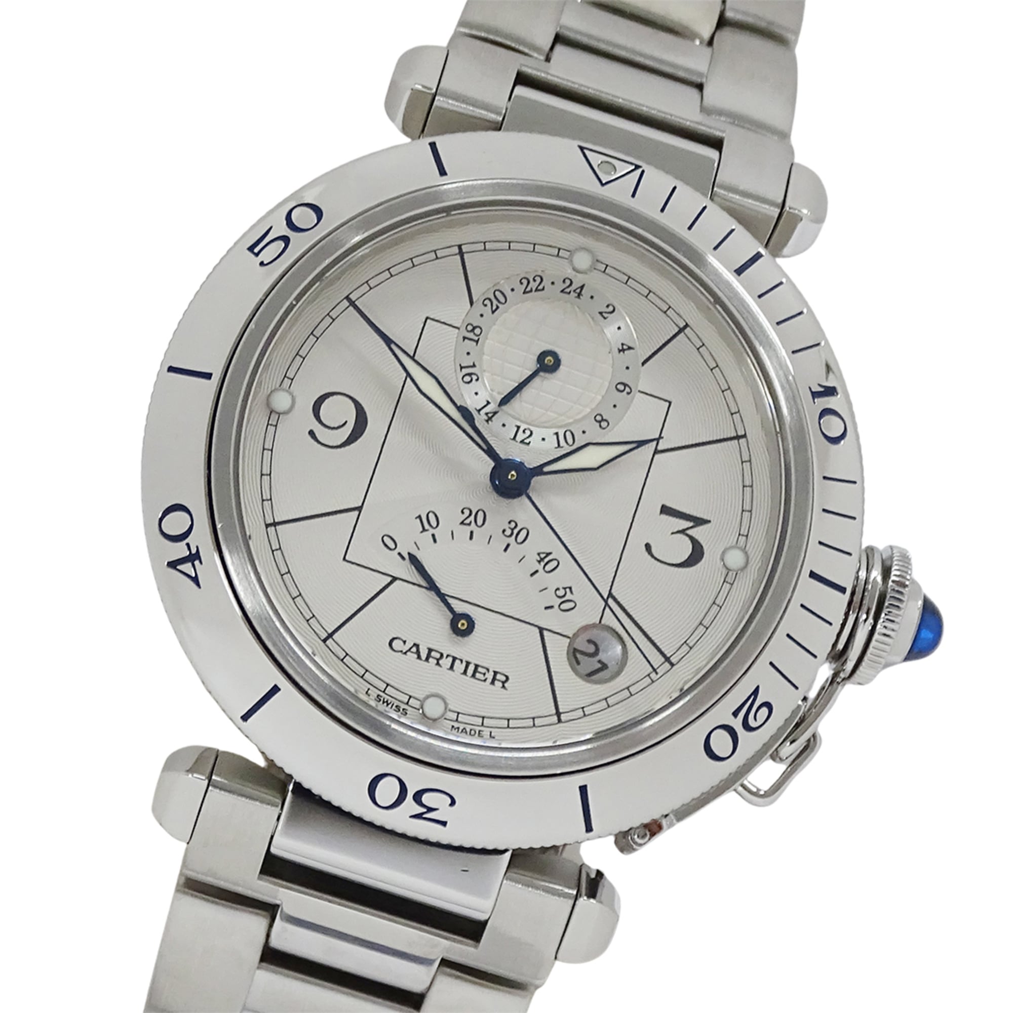 Cartier Pasha Men's Watch, Power Reserve, GMT, Date, Automatic, Stainless Steel (SS), W31037H3, Silver, Round — Good