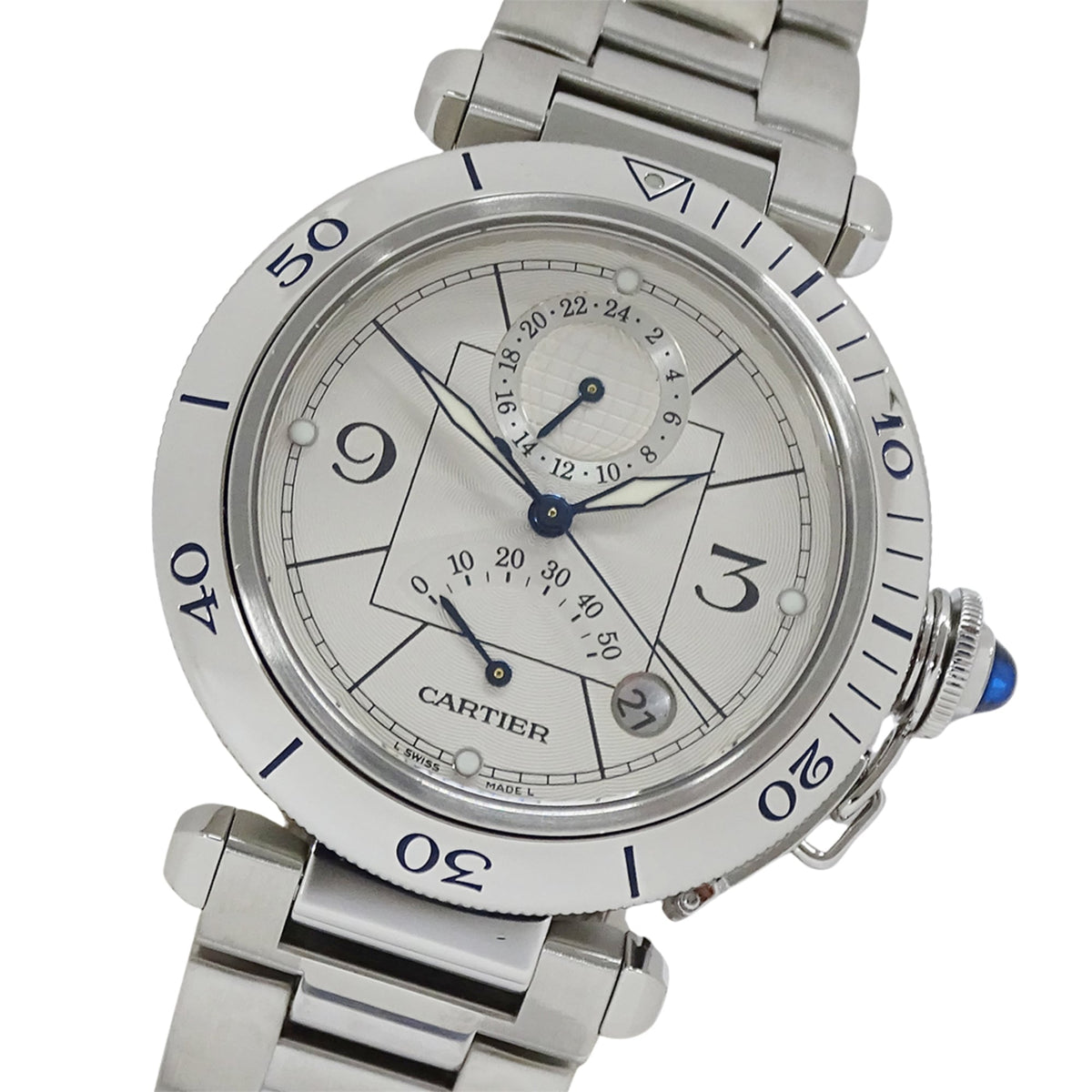 Cartier Pasha Men's Watch, Power Reserve, GMT, Date, Automatic, Stainless Steel (SS), W31037H3, Silver, Round — Good