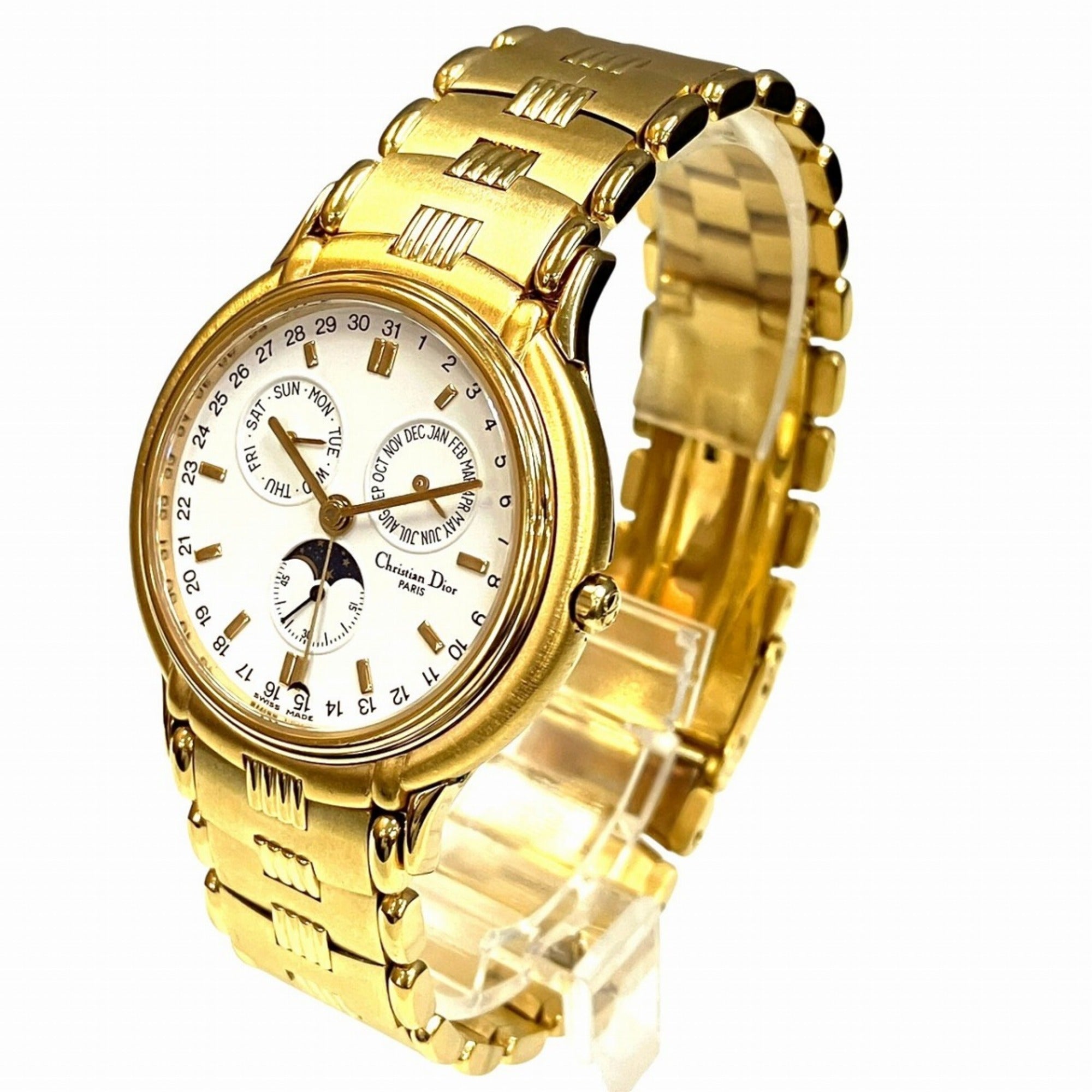 Christian Dior Moon Phase Triple Calendar Watch, Total Weight 70.6g, GP (Gold Plated) finish, Quartz movement, White dial, Item No. 61.271 — Good