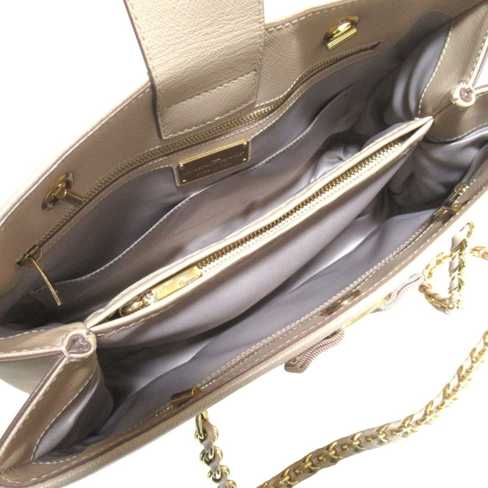 Salvatore Ferragamo Vara Ribbon Chain Tote Bag Shoulder Beige x Gold Hardware Women's — Like New