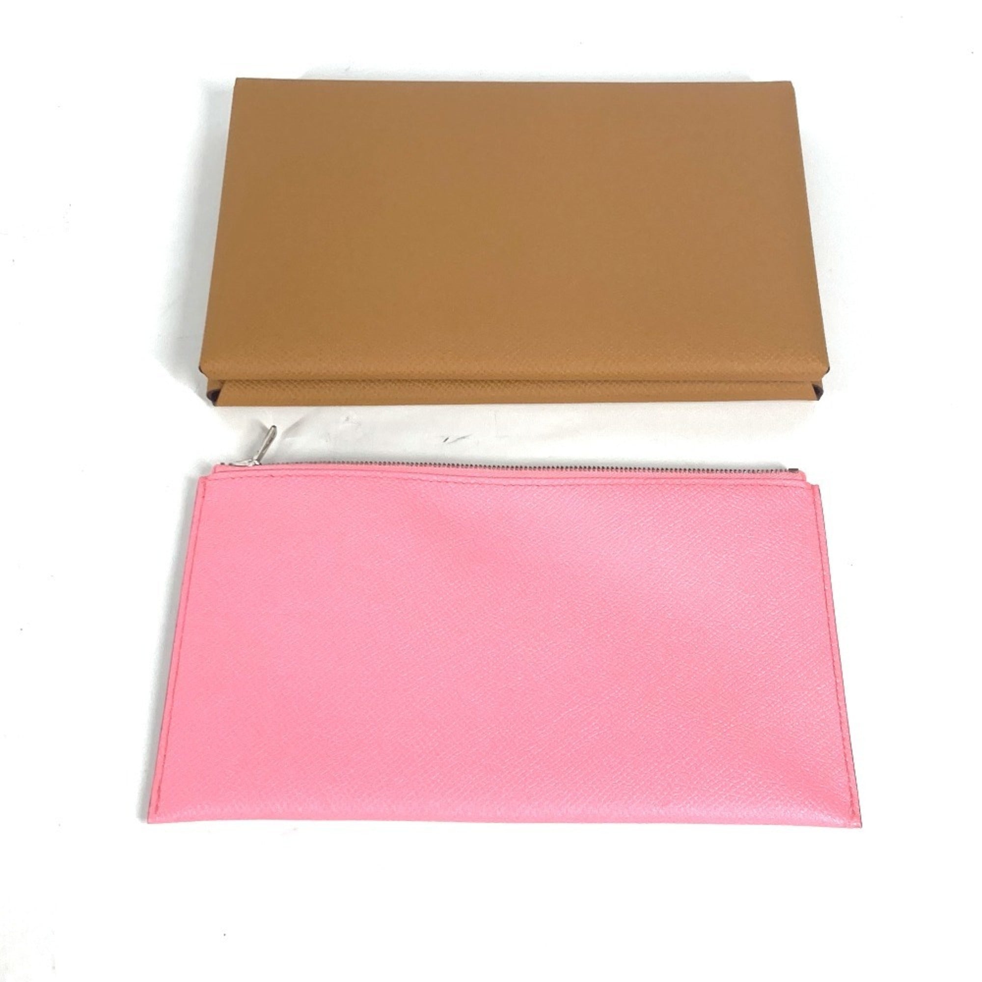 HERMES Calvi GM Flat Pouch with Pouch, Bifold Clutch Bag, Epsom Leather, Unisex, Brown and Pink, Like New — Like New
