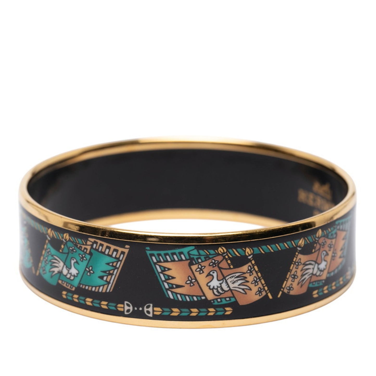 Hermes GM enamel bird and flag motif bangle in gold, black, multicolored plating for women.