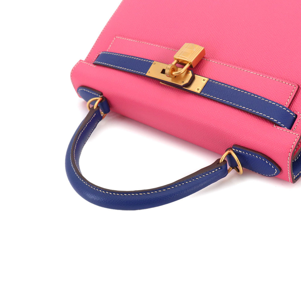 Hermes Kelly 28 Personal SPO Epsom Rose Azalee Blue Electric Hand Shoulder Handbag A Stamp External Stitching Matte Gold Hardware — Like New