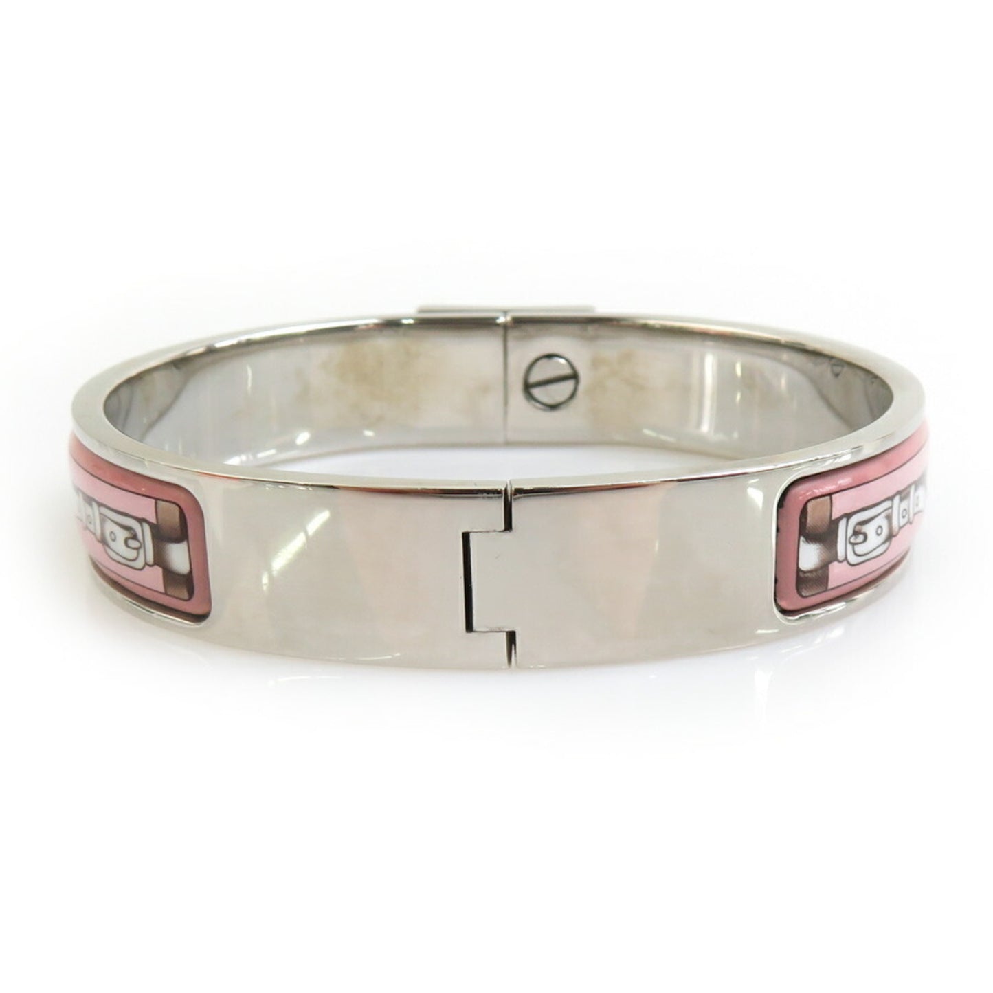 Hermes Hermès Click-Clack Metal Enamel Bangle Bracelet in Silver, Pink, and White for Women (e60864a)