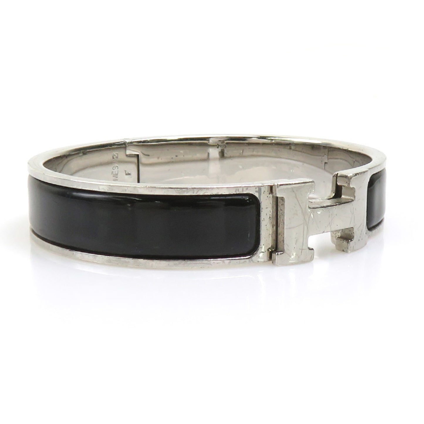 Hermes Hermès Click-Clack Metal Enamel Bangle Bracelet in Silver and Black for Women (e60747a)