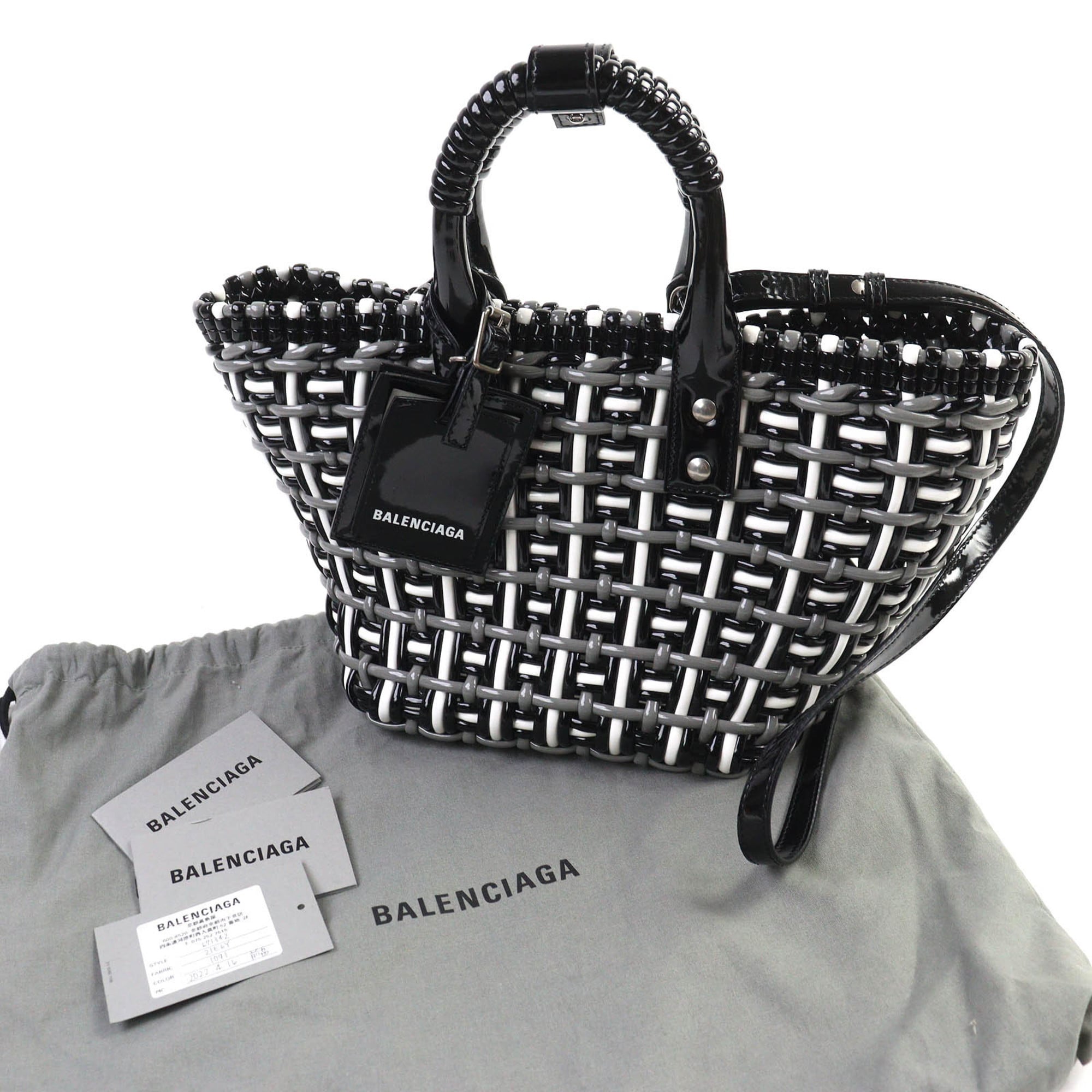 BALENCIAGA 671342 Bistro Basket Bag, XS, Enamel, 2-Way Handbag/Shoulder Black, Gray, White, Includes Dust Made in Italy, Women's — Like New