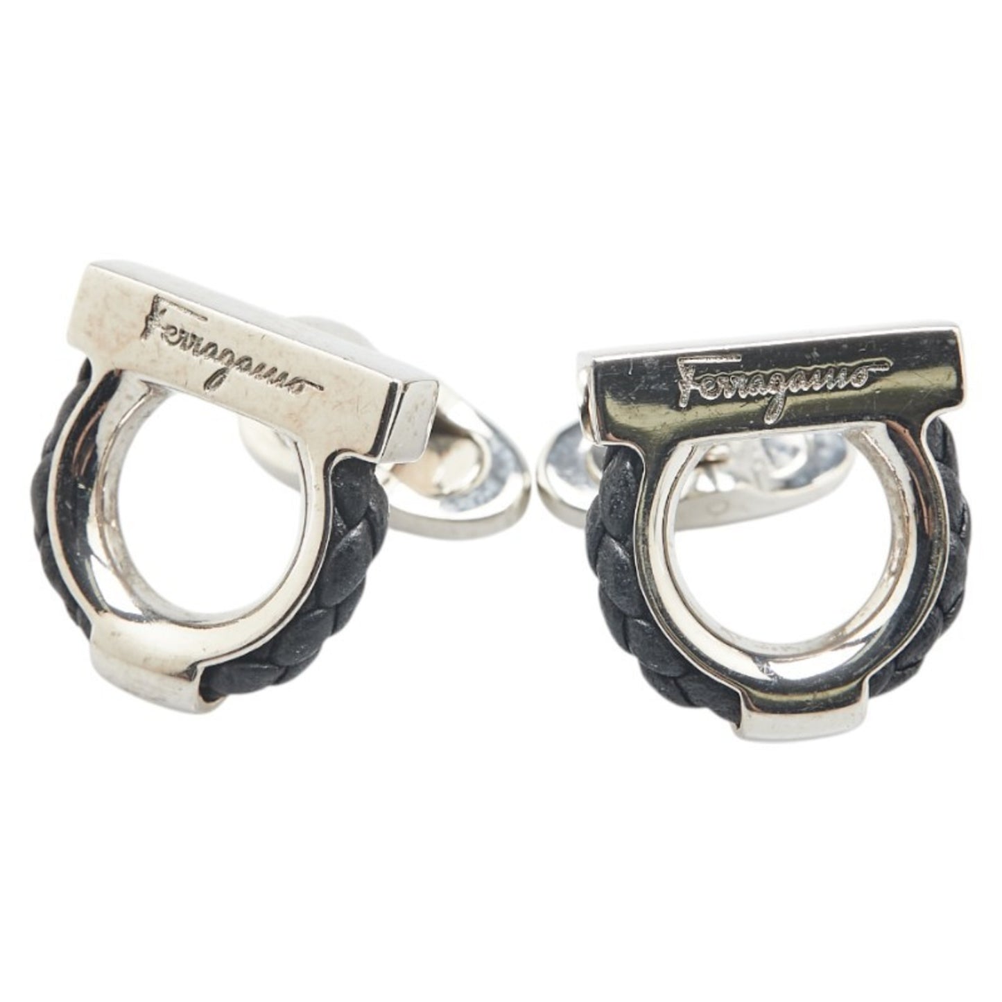 Salvatore Ferragamo Gancini Cufflinks in Silver and Black Metal with Leather, Men's