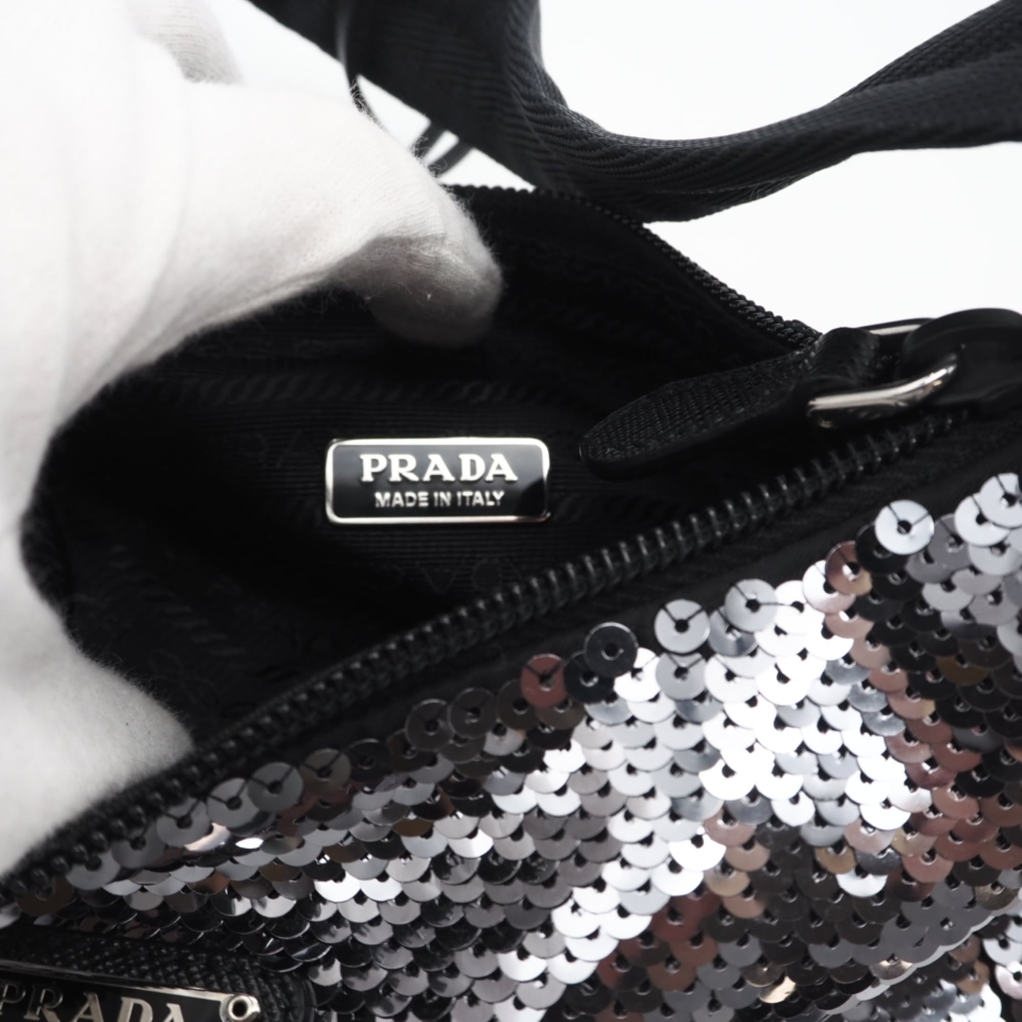 PRADA Nylon Re-Edition Sequin Hobo Handbag WS22477 Silver Black Women's — New - Store Return