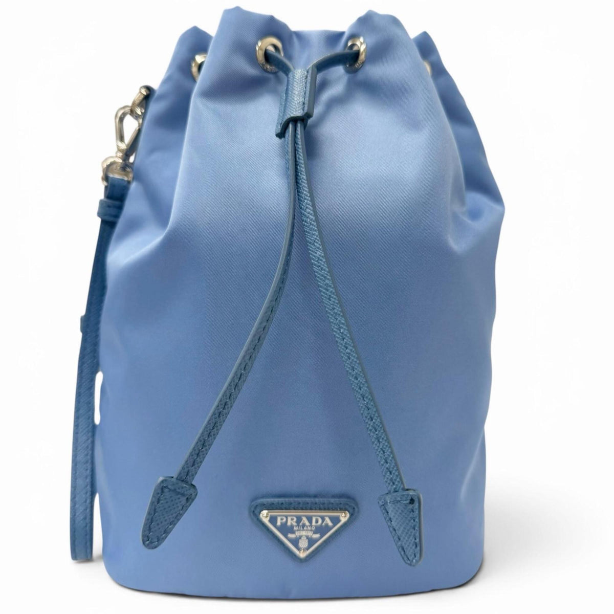 PRADA 1NS369 Recycled Polyamide Triangle Logo Partial Leather Re-Nylon Drawstring Bag Handbag Light Blue Made in Italy Men's — Like New