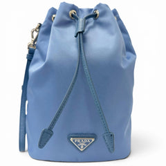 PRADA 1NS369 Recycled Polyamide Triangle Logo Partial Leather Re-Nylon Drawstring Bag Handbag Light Blue Made in Italy Men's — Like New