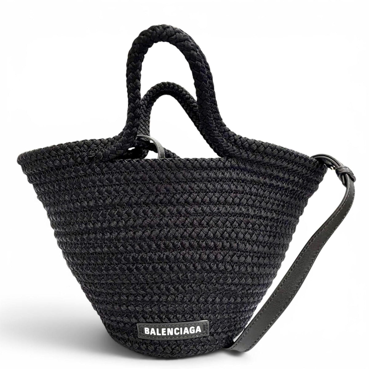 BALENCIAGA 695612 Ibiza Small Strap Logo 2-Way Basket Bag Summer Handbag Shoulder Black Made in Italy Women's with Dust — Like New