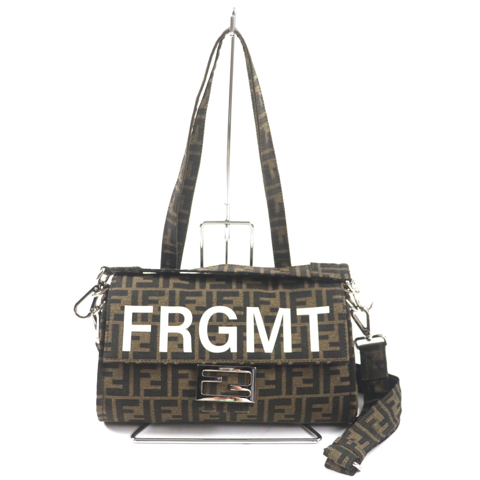 FENDI x FRAGMENT 8BH418 Zucca Baguette Foldable 3-Way Tote Canvas Shoulder Bag, Brown, with Dust Made in France, Men's — Like New