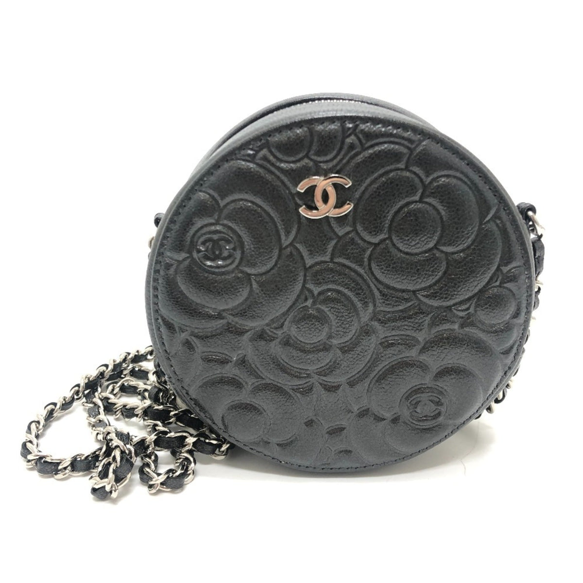 CHANEL Camellia CC Coco Mark Logo Crossbody Bag, Round Mini Shoulder Leather, Women's, Gray — Like New
