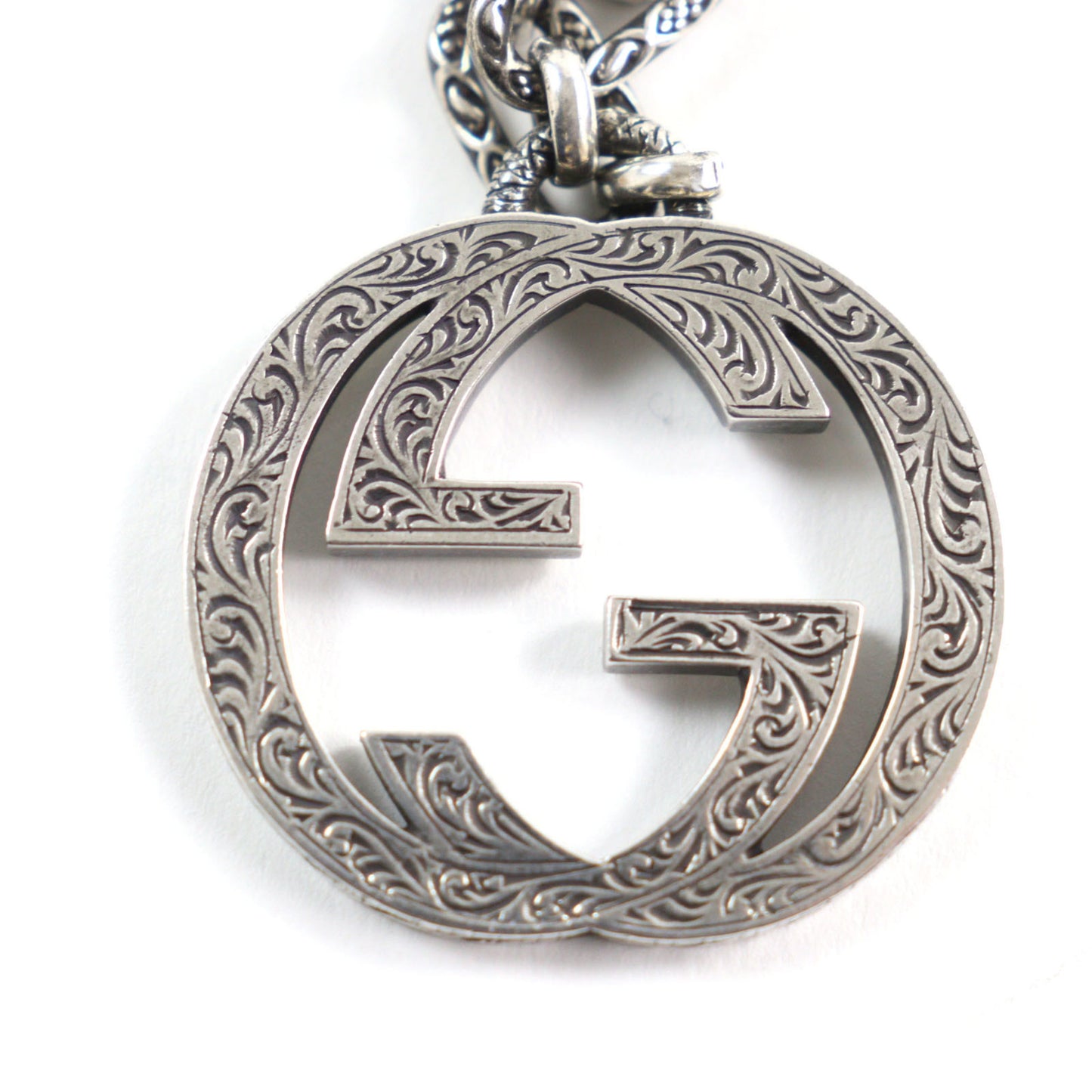 GUCCI 524890 Arabesque Interlocking G Textured Long Chain Necklace, AG925 Silver, with Box and Dust Bag, Made in Italy, Men's