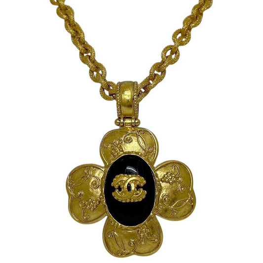 Chanel Necklace ec-24724 Gold Black Coco Mark GP 06 A CHANEL Clover Long with Stone Chain, Large, Women's,