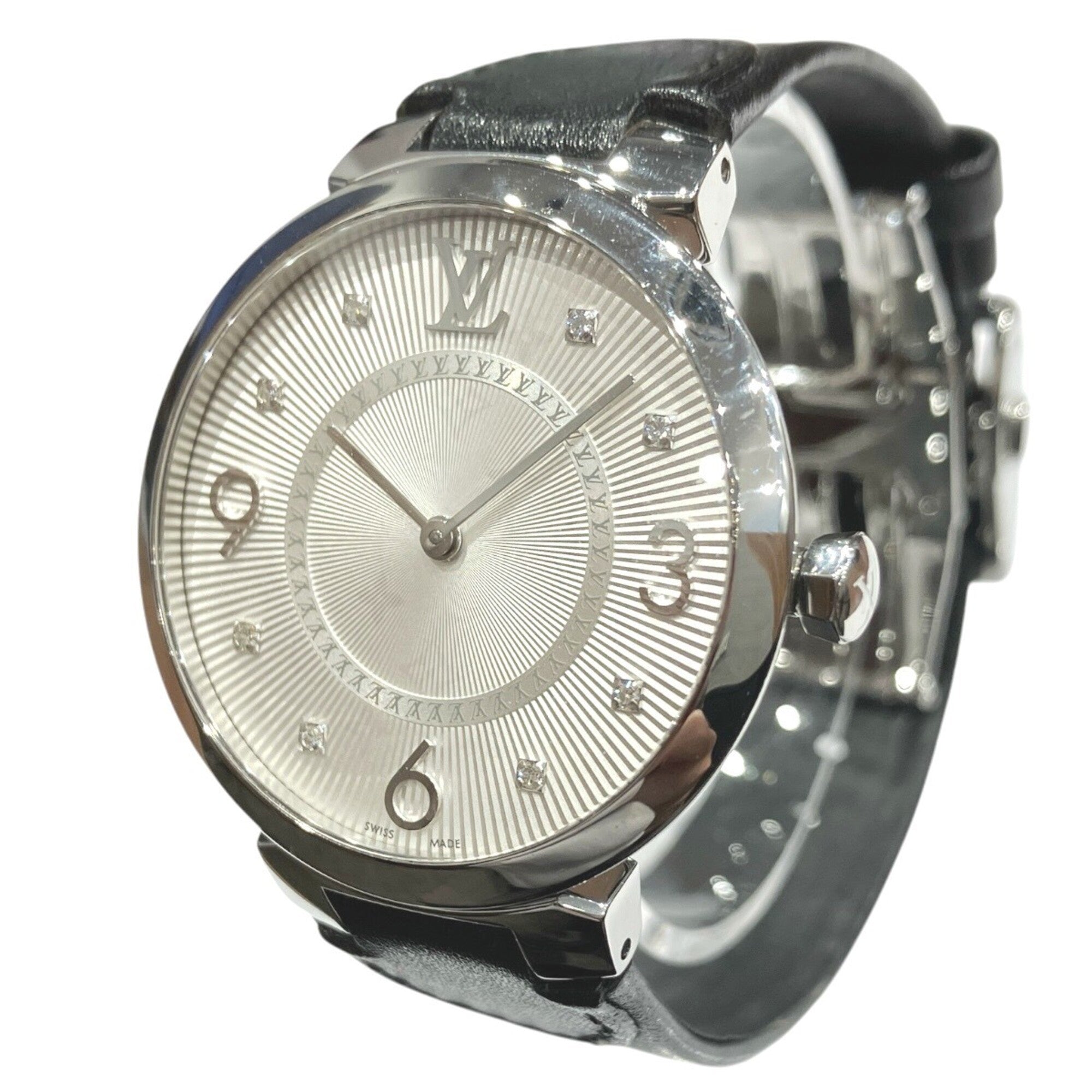Louis Vuitton Tambour watch, total weight 48g, stainless steel, genuine leather strap, quartz movement, silver dial, Q13MJ — Good
