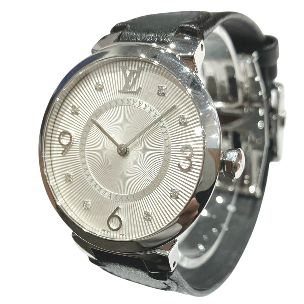 Louis Vuitton Tambour watch, total weight 48g, stainless steel, genuine leather strap, quartz movement, silver dial, Q13MJ — Good